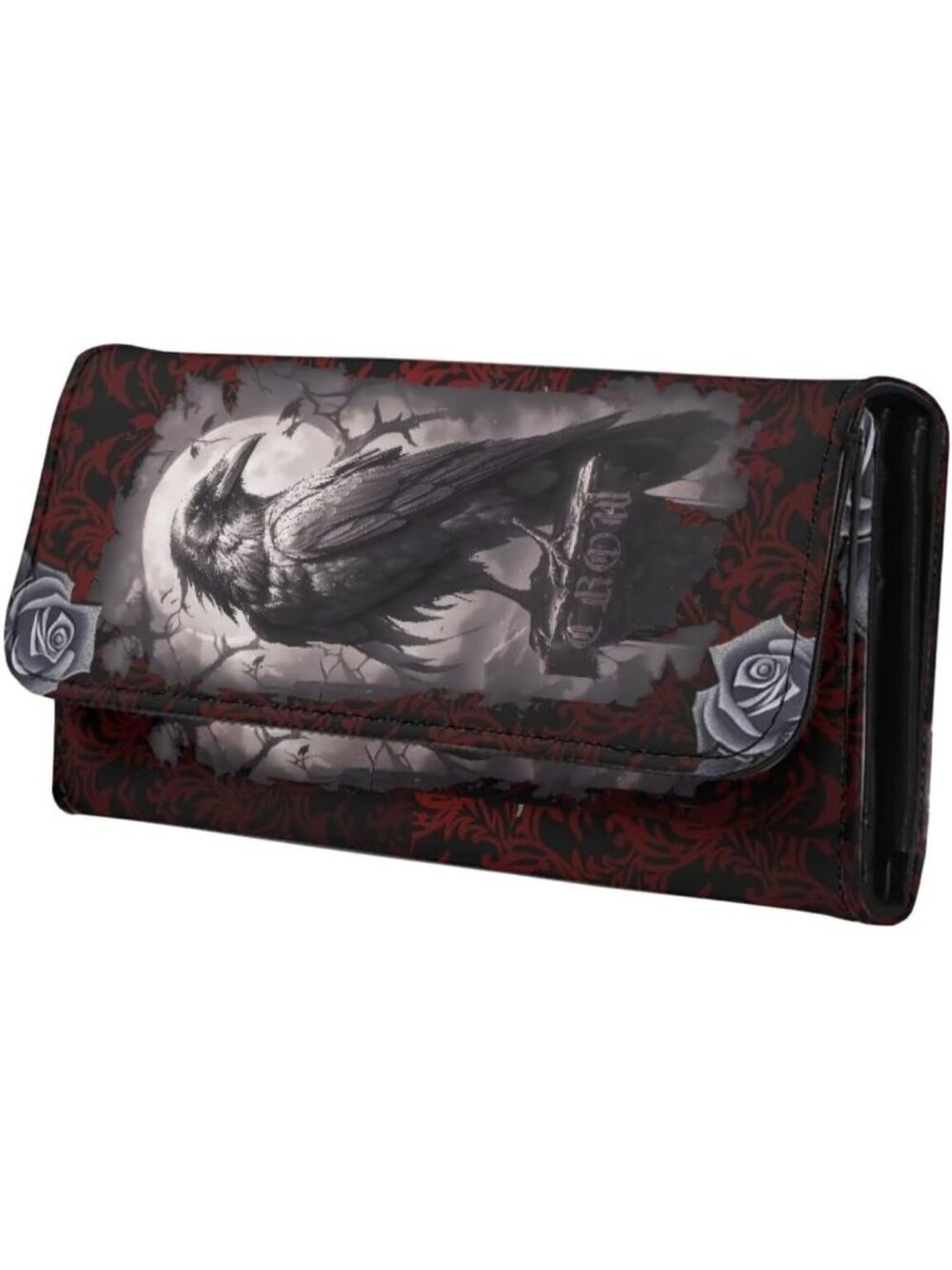 🎃Women's Gothic Floral Crow Purse Black Leather Slim Wallet Long Trifold Purse